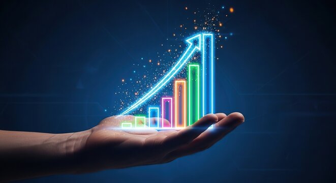 Hand Holding Glowing Bar Graph with Arrow Upward Representing Financial Success.