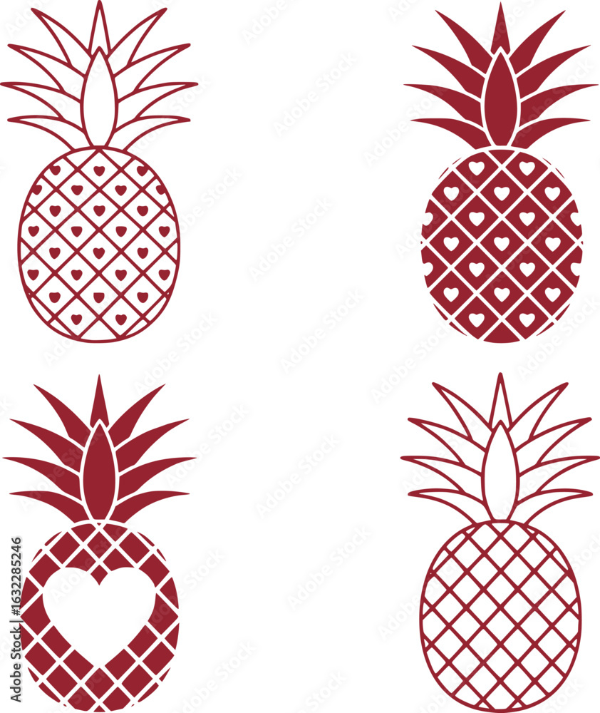 Poster elegant dark red themed pineapple vector graphics displaying geometric patterns and heart motifs evo