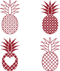 Elegant Dark Red Themed Pineapple Vector Graphics Displaying Geometric Patterns and Heart Motifs Evoking Whimsical Modern Style and Visual Interest