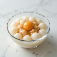 A traditional Asian dessert bowl with sweet glutinous rice balls and a golden yolk in creamy...