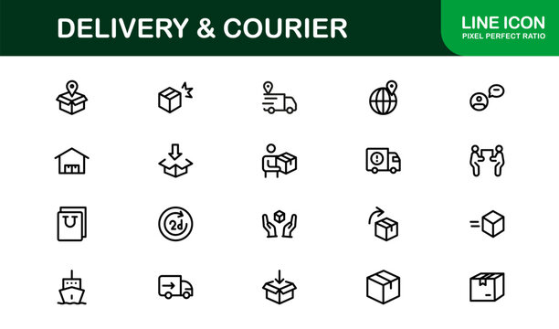 Delivery and Courier Line Icon Collection – Unique, clean, and creative icons illustrating transportation, package handling, and courier solutions