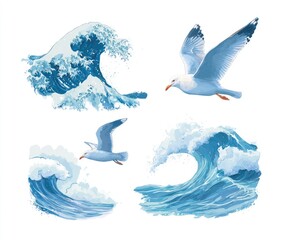 Fototapeta premium Four illustrations of ocean waves and seagulls
