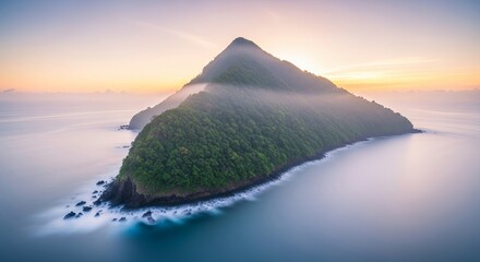 Lush Green Island Peak Emerging from Calm Ocean Mist at Sunrise.
