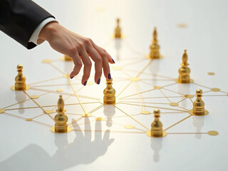Strategic business concept showing reflective gold pawns at key intersections with human hand reaching to make a move, representing decision-making, leadership, and organizational planning