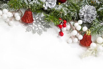 Christmas card with fir branches and Christmas decorations