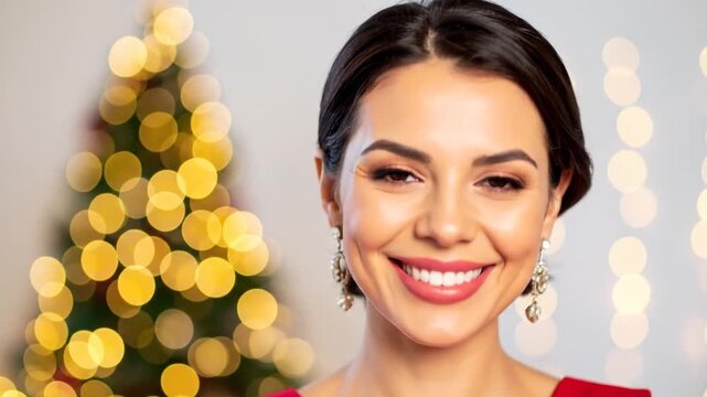 A radiant woman with a wide smile poses, a blurred Christmas tree adding a festive background. Golden bokeh dots are seen too