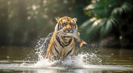 majestic tiger emerging from water with fresh catch powerful wildlife photography for nature documentaries conservation projects and wildlife magazines