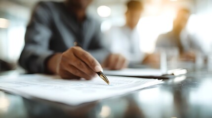 Financial audit team reviewing industrial balance sheet under compliant lighting
