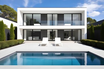 Fototapeta premium Luxury modern white house with large windows overlooking a landscaped garden with palm trees and blue swimming pool. High tech style villa. Vacation home or hotel