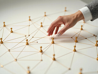 Strategic business concept showing reflective gold pawns at key intersections with human hand reaching to make a move, representing decision-making, leadership, and organizational planning