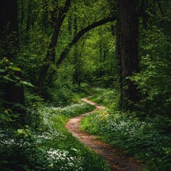 A peaceful path winding through a green forest in spring.