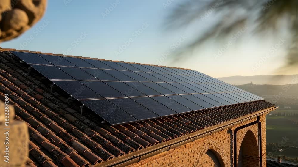 Poster modern solar array contrasting with rustic rooftop architecture.