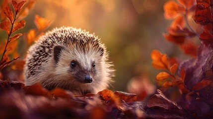 A cute hedgehog explores autumn nature, set against a softly blurred background of fallen leaves, creating a warm and inviting seasonal scene.
