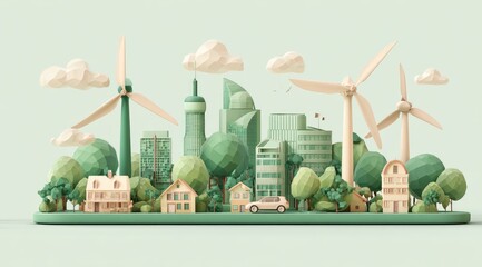 A stylized, 3D-rendered cityscape, emphasizing eco-friendly elements