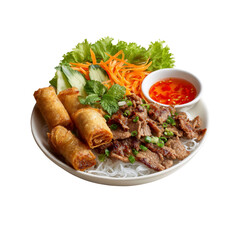 Delicious Vietnamese Bun Bo Hue with Spring Rolls and Fresh Herbs