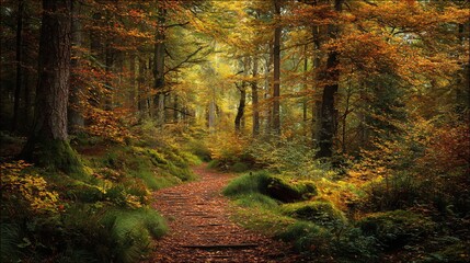 Obraz premium A winding path cuts through a golden autumn forest, covered in fallen leaves and surrounded by trees glowing in seasonal colors. 