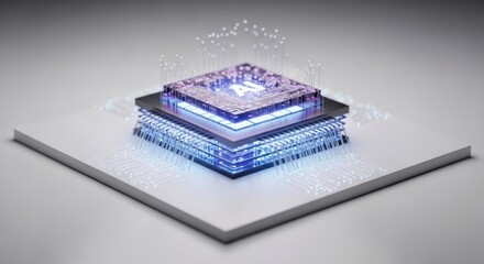 Futuristic glowing quantum computer processor with intricate circuitry and blue light