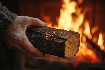 Close-up of a person hand placing a chopped wooden log into a burning fireplace. Concept of winter warmth, home comfort, and traditional heating