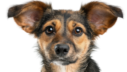 Close-up of a mixed-breed dog's head.  Large, floppy ears perk upward.  Brown, black, and tan fur.  Curious, alert eyes.  Friendly expression