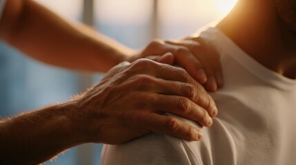 medium shot, close-up of physiotherapist hands examining patient shoulder during consultation, warm natural light, clean modern clinic interior, authentic and ultra-realistic