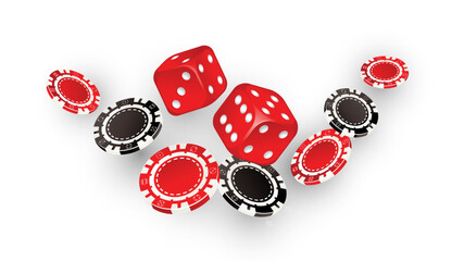 Falling aces and casino chips on white background. Playing cards, red and black money chips. Gambling Poker and card games.