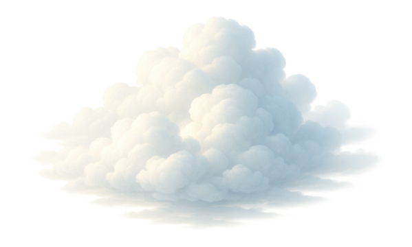 Fluffy, dense cumulus cloud formation with soft gradients and shadow highlights on transparent background.