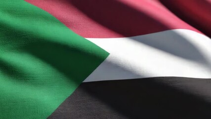 Dynamic Sudanese flag waves majestically in the breeze, showcasing national pride and heritage with vibrant colors and textured fabric.
