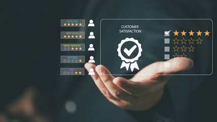 Customer Experience Concept, Best Excellent Services for Satisfaction present by Opened Hand of Client giving a Five Star Rating