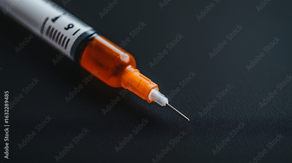 Aufkleber a close-up image of a syringe with an orange cap, resting on a dark surface, emphasizing its sharp n