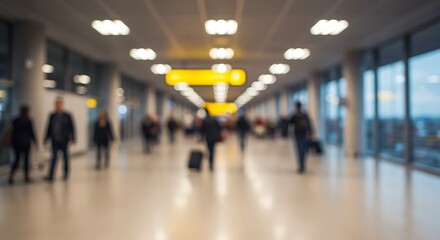 Blurry image of people walking in a modern airport terminal concourse with large windows and illuminated signs