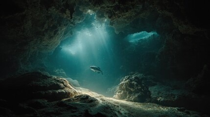 Sunbeams pierce underwater cave, fish