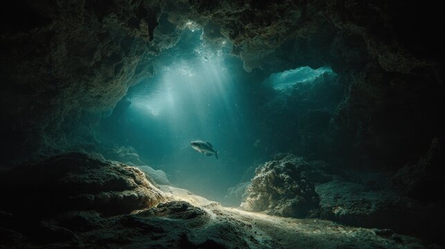 Sunbeams pierce underwater cave, fish