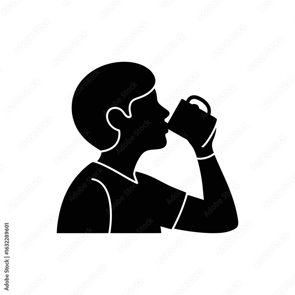 Aufkleber silhouette of person drinking from a mug with a handle against a white background in a simple design