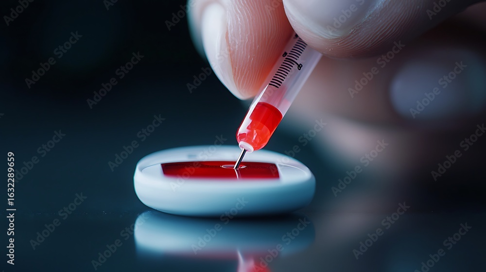 Poster a close-up image of a hand using a syringe to drop red liquid onto a white surface, suggesting theme