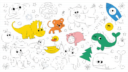 Obraz premium Colorful Cartoon Animals and Objects on Lined Paper