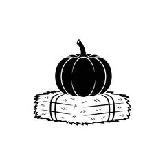 A simple black and white illustration of a pumpkin sitting atop a hay bale in a graphic style