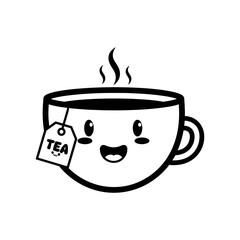 A cartoon teacup with a smiling face and a tea bag label isolated on a white plain background