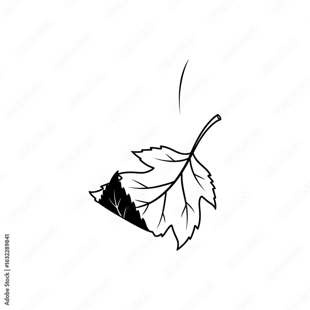 Poster a single falling leaf with a partially shaded section and a curved line above it on a white backgrou