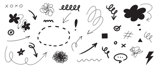 Marker and pencil scribble elements collection. Grunge hand drawn speech bubbles, icons, strokes, underlines, wave brush marks.Vector set isolated on white background.