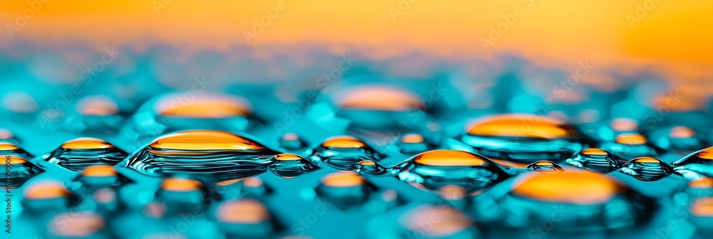 Poster close-up of water droplets on a surface, reflecting vibrant colors, creating a mesmerizing abstract 