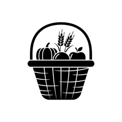 A black silhouette of a basket filled with pumpkin apple wheat and other harvest season produce
