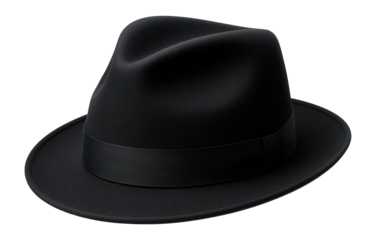 Classic black fedora hat with a wide brim and a sleek band detail on transparent background.