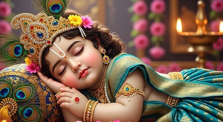 Adorable illustration of the hindu deity baby krishna sleeping peacefully with ornate adornments