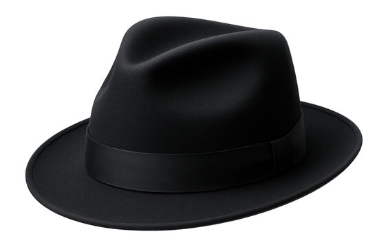 Classic black fedora hat with a wide brim and a sleek band detail on transparent background.
