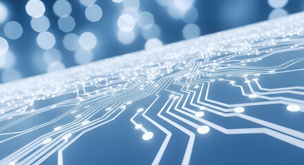 Illuminated circuit board pattern with blue bokeh background
