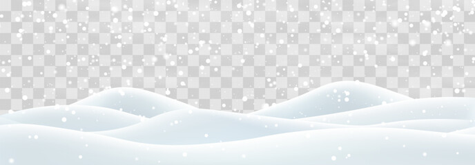 Snow flakes, snow and blizzard falling on snowdrifts. Snow landscape decoration, frozen hills isolated on png background. Vector heavy snowfall with snowbanks field. Christmas vector illustration