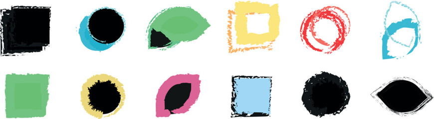 High-Impact Grunge Square Templates with Artistic Black Paint and Bright Multicolored Variations in Vector Format in White Background