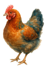 Fototapeta premium Detailed watercolor illustration of a colorful hen with vibrant plumage and prominent comb on transparent background.