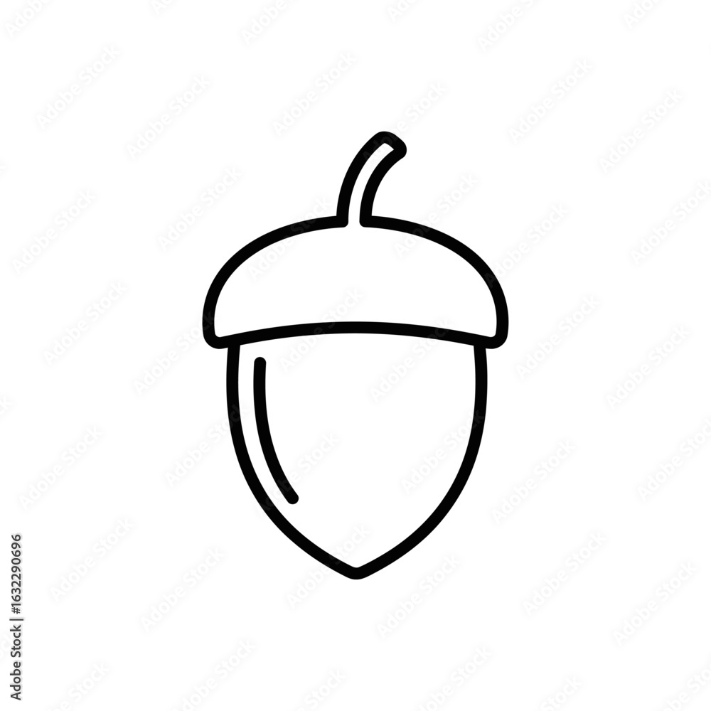 Poster isolated vector outline illustration of an acorn with a smooth cap and a curved stem on a white back