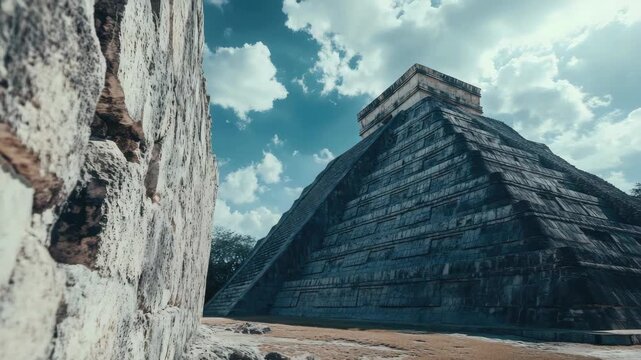 A large pyramid is in the background of a rocky hill. The pyramid is very tall and has a lot of detail